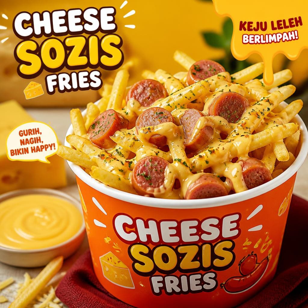Cheese Sozis Fries dengan kentang goreng, sosis, dan saus keju